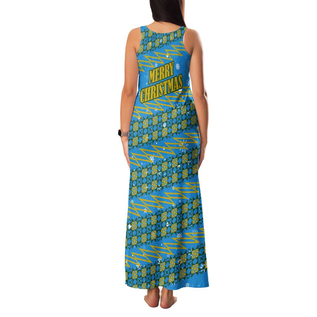 Rwanda Christmas Tank Maxi Dress with Blue-Yellow Pattern, Festive Geometric Motifs, and Bold Typography - Wonder Print Shop