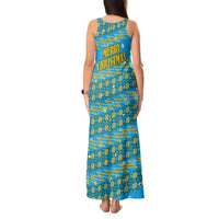 Rwanda Christmas Tank Maxi Dress with Blue-Yellow Pattern, Festive Geometric Motifs, and Bold Typography - Wonder Print Shop