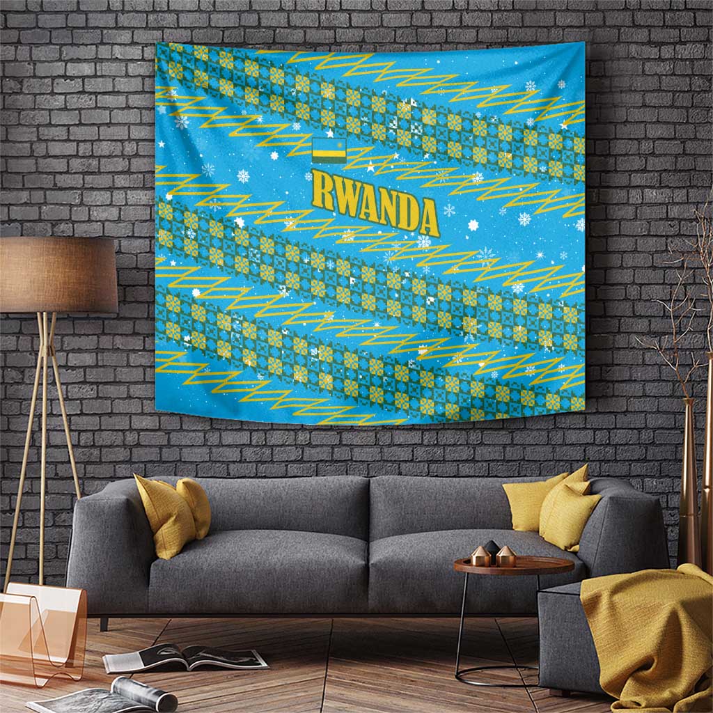 Rwanda Christmas Tapestry with Blue-Yellow Pattern, Festive Geometric Motifs, and Bold Typography - Wonder Print Shop