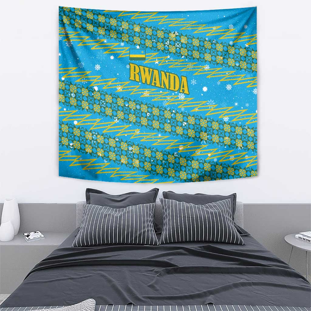 Rwanda Christmas Tapestry with Blue-Yellow Pattern, Festive Geometric Motifs, and Bold Typography - Wonder Print Shop