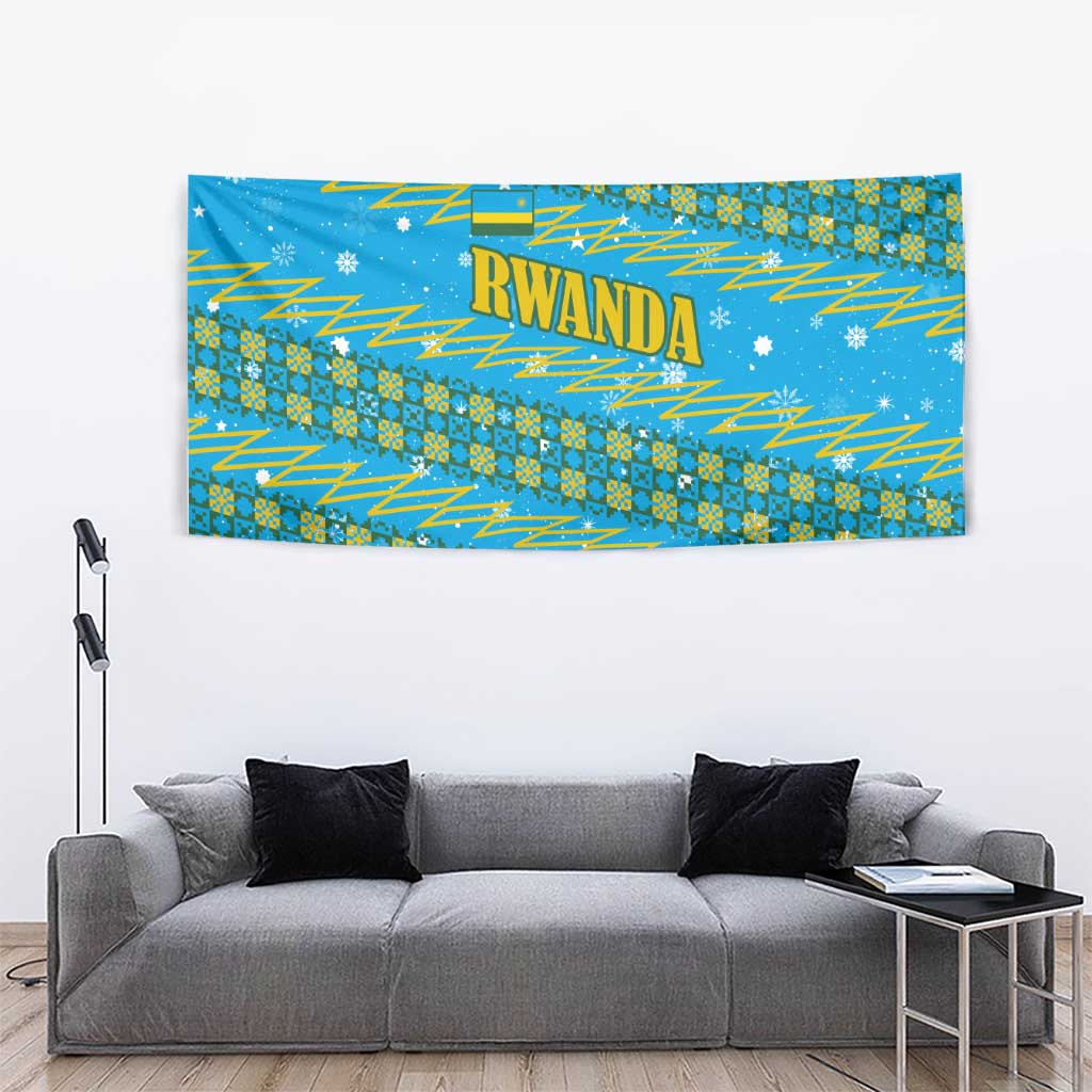 Rwanda Christmas Tapestry with Blue-Yellow Pattern, Festive Geometric Motifs, and Bold Typography - Wonder Print Shop