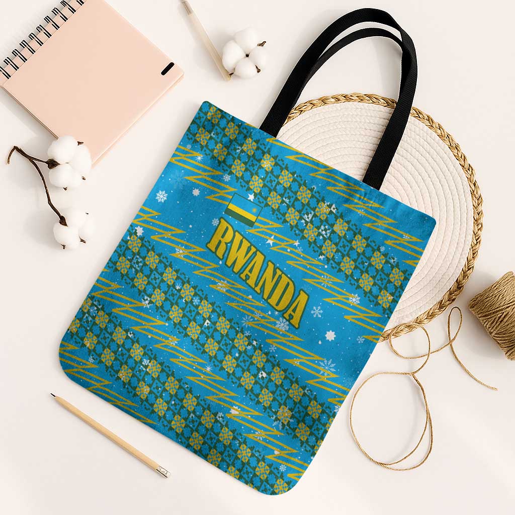 Rwanda Christmas Tote Bag with Blue-Yellow Pattern, Festive Geometric Motifs, and Bold Typography - Wonder Print Shop