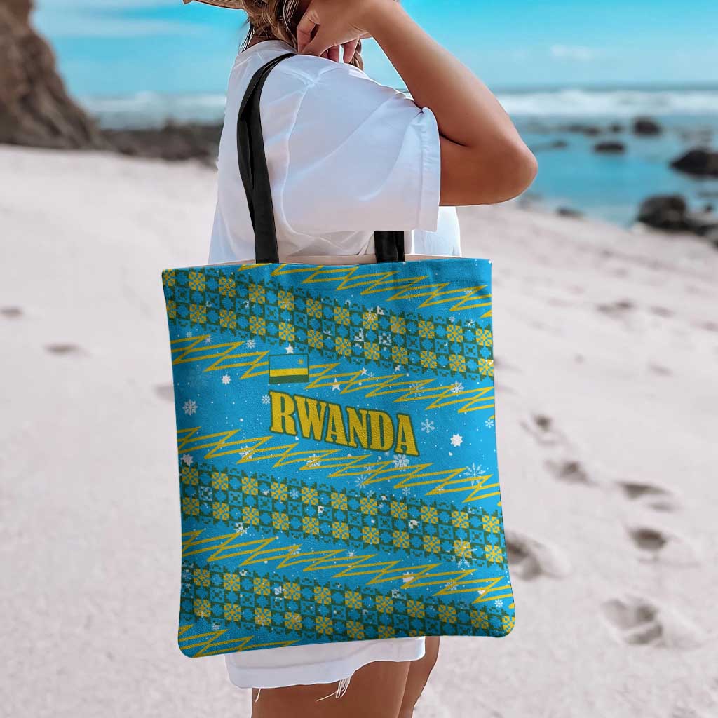 Rwanda Christmas Tote Bag with Blue-Yellow Pattern, Festive Geometric Motifs, and Bold Typography - Wonder Print Shop