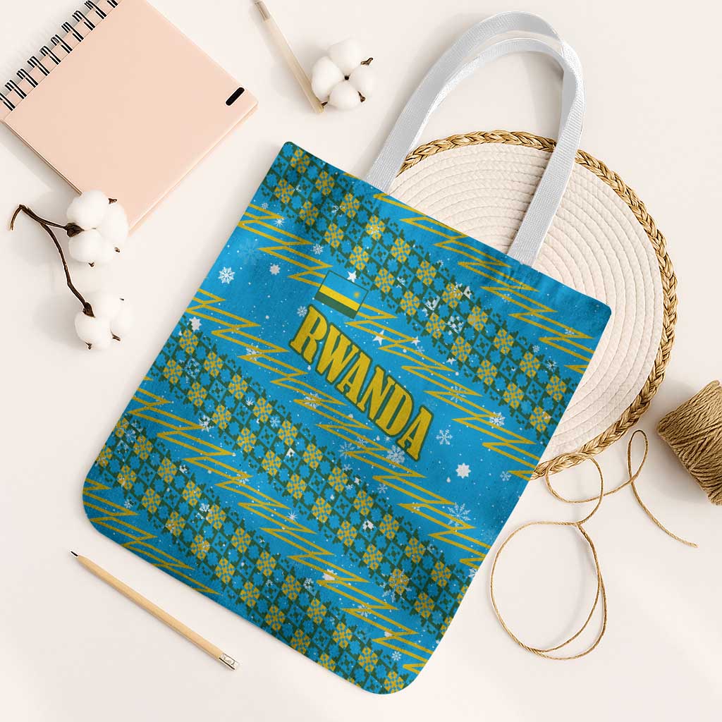 Rwanda Christmas Tote Bag with Blue-Yellow Pattern, Festive Geometric Motifs, and Bold Typography - Wonder Print Shop