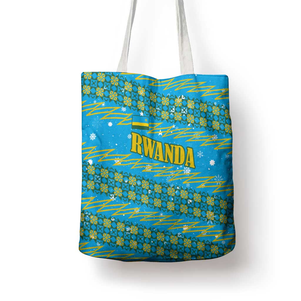 Rwanda Christmas Tote Bag with Blue-Yellow Pattern, Festive Geometric Motifs, and Bold Typography - Wonder Print Shop