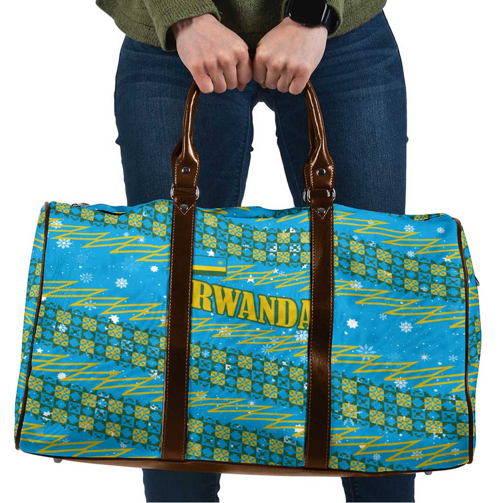Rwanda Christmas Travel Bag with Blue-Yellow Pattern, Festive Geometric Motifs, and Bold Typography - Wonder Print Shop