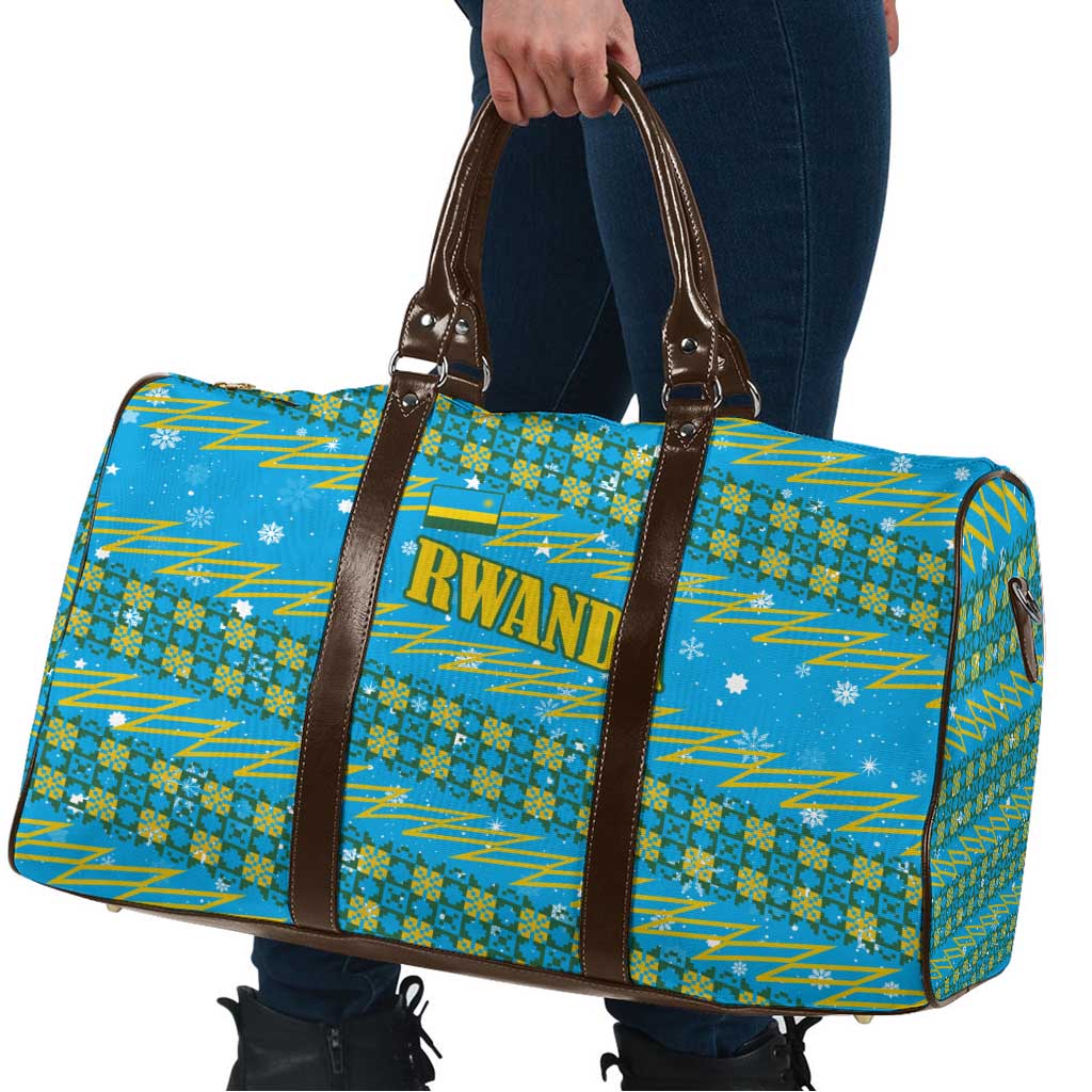 Rwanda Christmas Travel Bag with Blue-Yellow Pattern, Festive Geometric Motifs, and Bold Typography - Wonder Print Shop