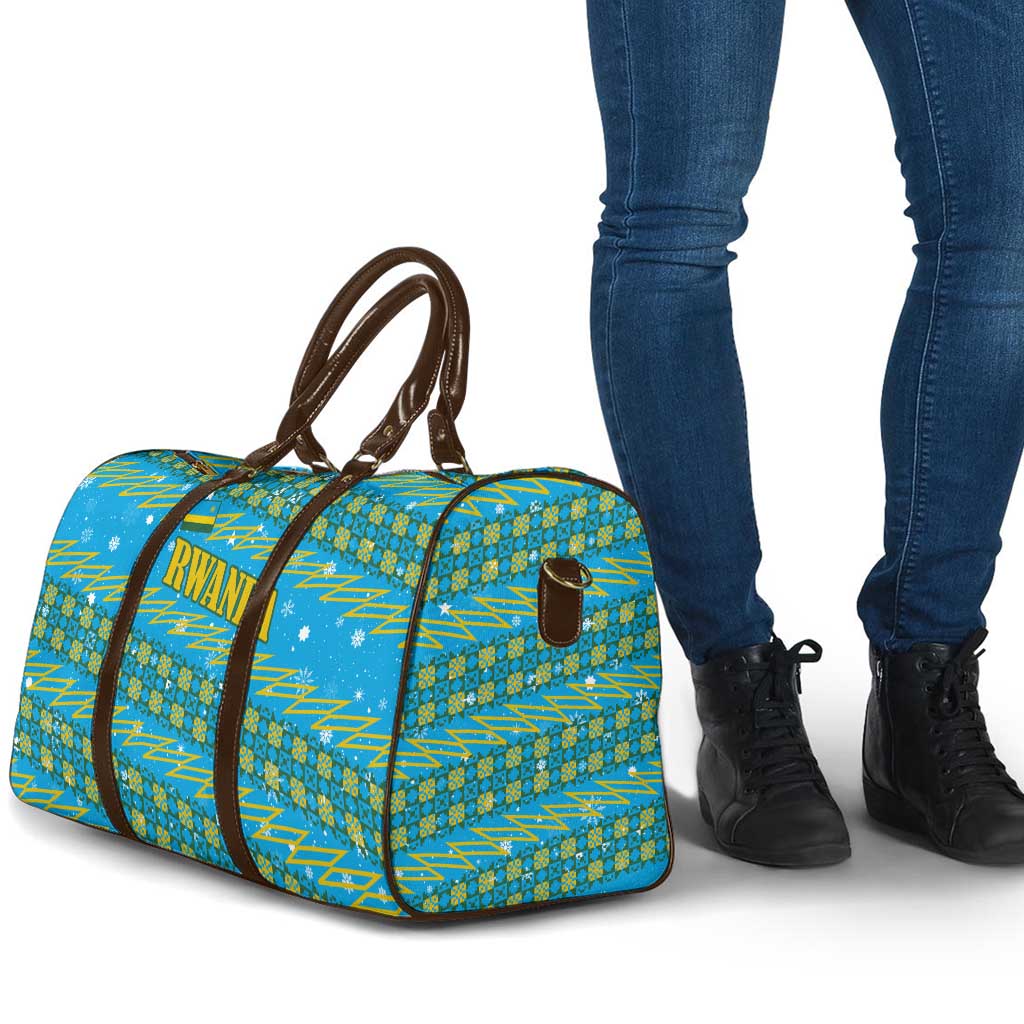 Rwanda Christmas Travel Bag with Blue-Yellow Pattern, Festive Geometric Motifs, and Bold Typography - Wonder Print Shop