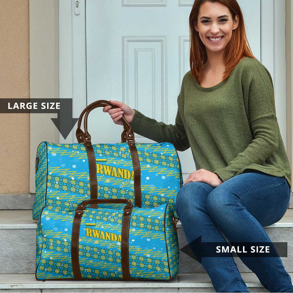 Rwanda Christmas Travel Bag with Blue-Yellow Pattern, Festive Geometric Motifs, and Bold Typography - Wonder Print Shop