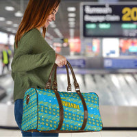 Rwanda Christmas Travel Bag with Blue-Yellow Pattern, Festive Geometric Motifs, and Bold Typography - Wonder Print Shop