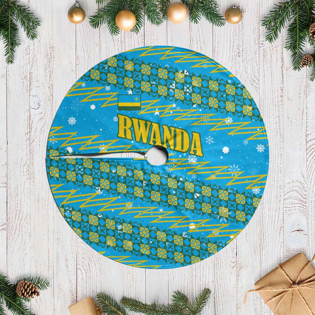 Rwanda Christmas Tree Skirt with Blue-Yellow Pattern, Festive Geometric Motifs, and Bold Typography - Wonder Print Shop