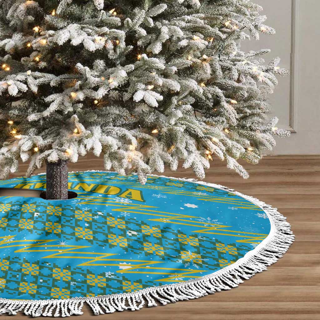 Rwanda Christmas Tree Skirt with Blue-Yellow Pattern, Festive Geometric Motifs, and Bold Typography - Wonder Print Shop