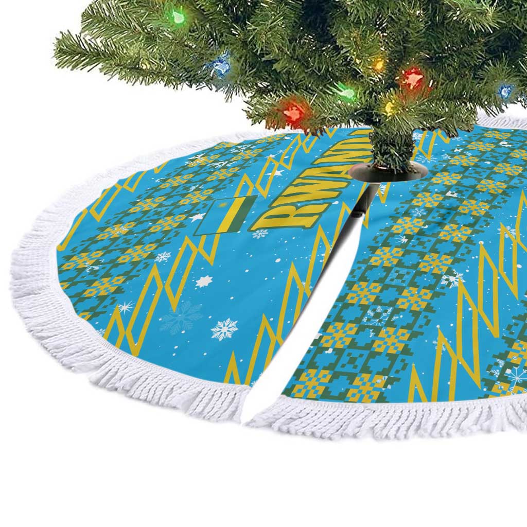 Rwanda Christmas Tree Skirt with Blue-Yellow Pattern, Festive Geometric Motifs, and Bold Typography - Wonder Print Shop