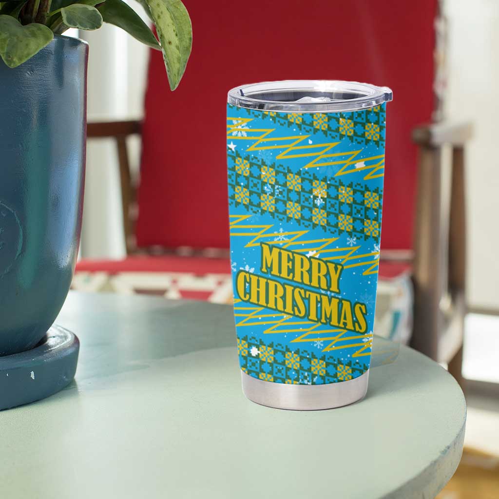 Rwanda Christmas Tumbler Cup with Blue-Yellow Pattern, Festive Geometric Motifs, and Bold Typography - Wonder Print Shop