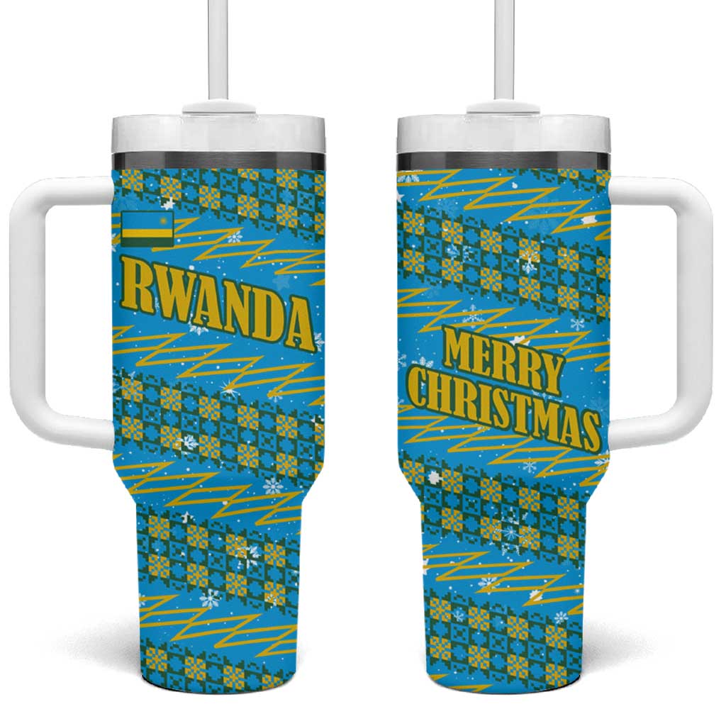 Rwanda Christmas Tumbler With Handle with Blue-Yellow Pattern, Festive Geometric Motifs, and Bold Typography - Wonder Print Shop
