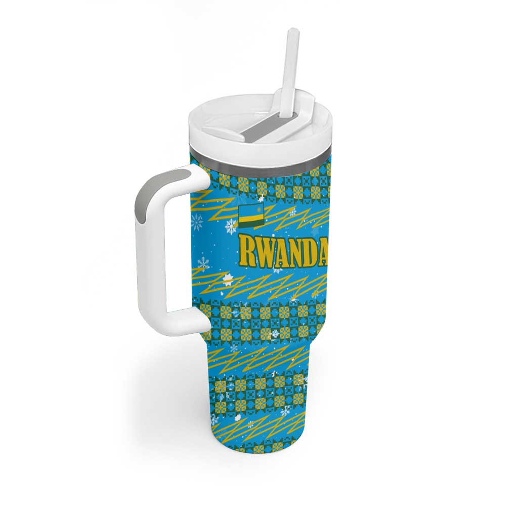 Rwanda Christmas Tumbler With Handle with Blue-Yellow Pattern, Festive Geometric Motifs, and Bold Typography - Wonder Print Shop