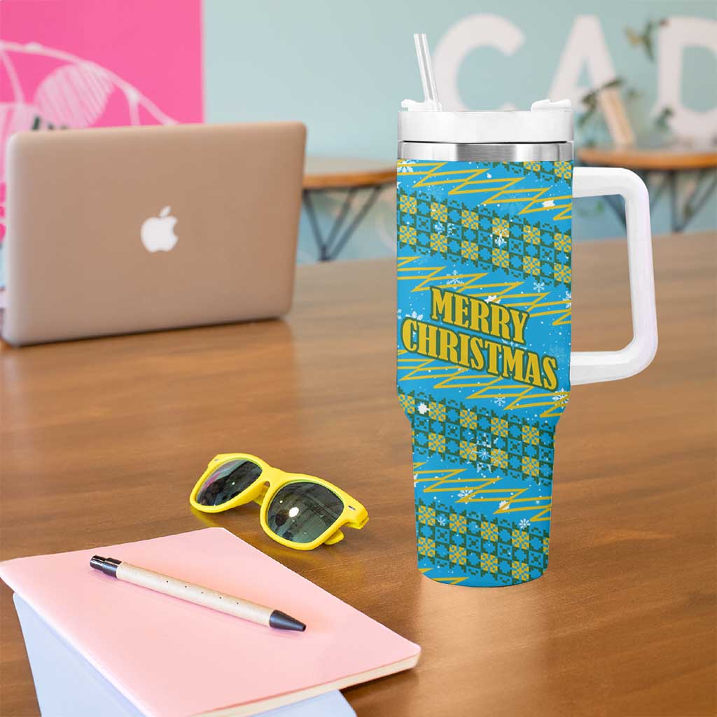 Rwanda Christmas Tumbler With Handle with Blue-Yellow Pattern, Festive Geometric Motifs, and Bold Typography - Wonder Print Shop