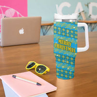 Rwanda Christmas Tumbler With Handle with Blue-Yellow Pattern, Festive Geometric Motifs, and Bold Typography - Wonder Print Shop