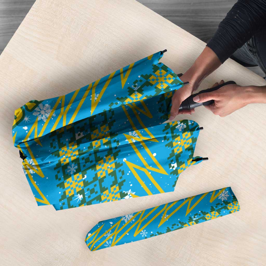 Rwanda Christmas Umbrella with Blue-Yellow Pattern, Festive Geometric Motifs, and Bold Typography - Wonder Print Shop