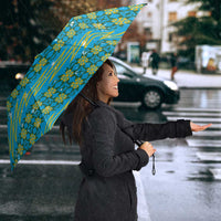 Rwanda Christmas Umbrella with Blue-Yellow Pattern, Festive Geometric Motifs, and Bold Typography - Wonder Print Shop