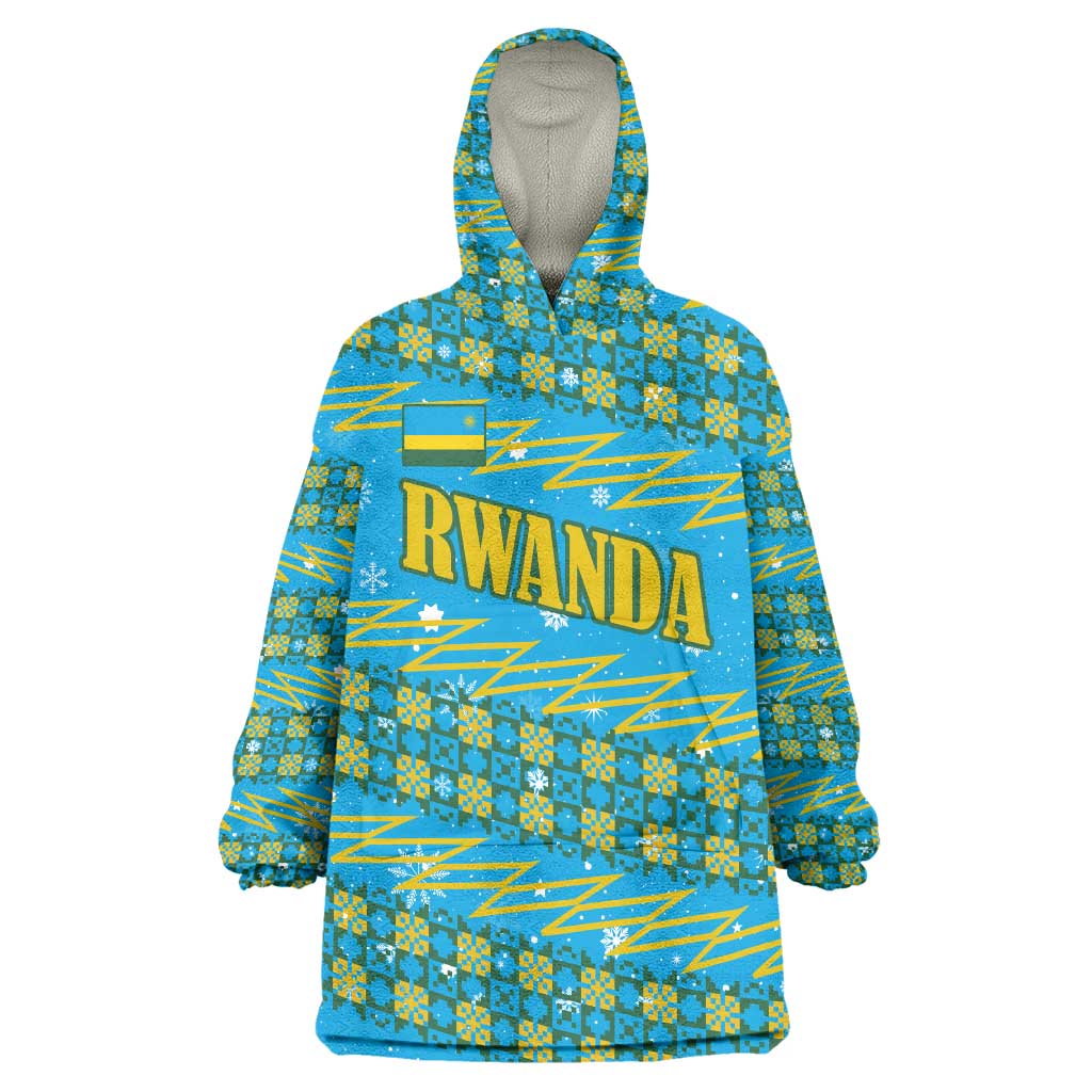Rwanda Christmas Wearable Blanket Hoodie with Blue-Yellow Pattern, Festive Geometric Motifs, and Bold Typography - Wonder Print Shop