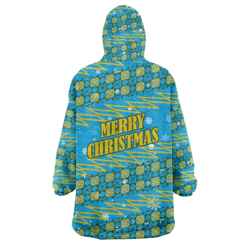 Rwanda Christmas Wearable Blanket Hoodie with Blue-Yellow Pattern, Festive Geometric Motifs, and Bold Typography - Wonder Print Shop