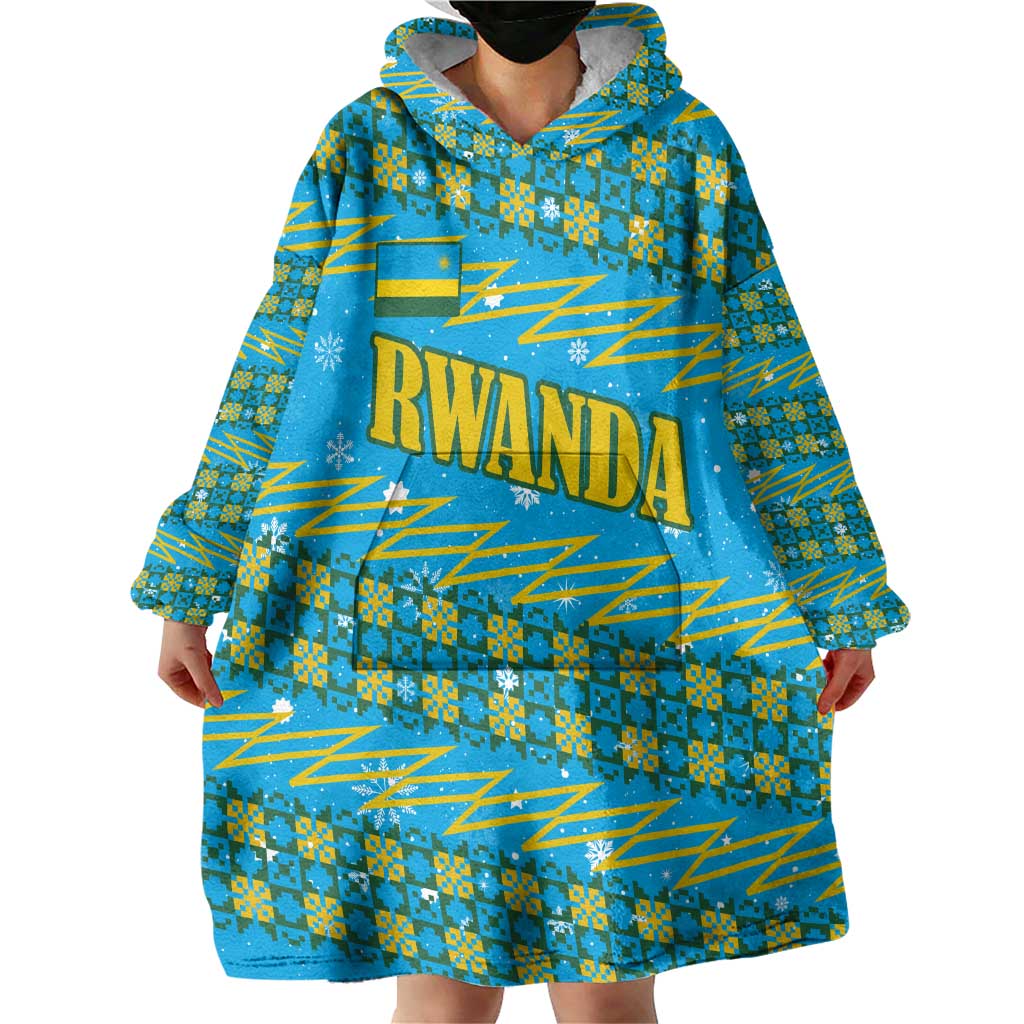 Rwanda Christmas Wearable Blanket Hoodie with Blue-Yellow Pattern, Festive Geometric Motifs, and Bold Typography - Wonder Print Shop