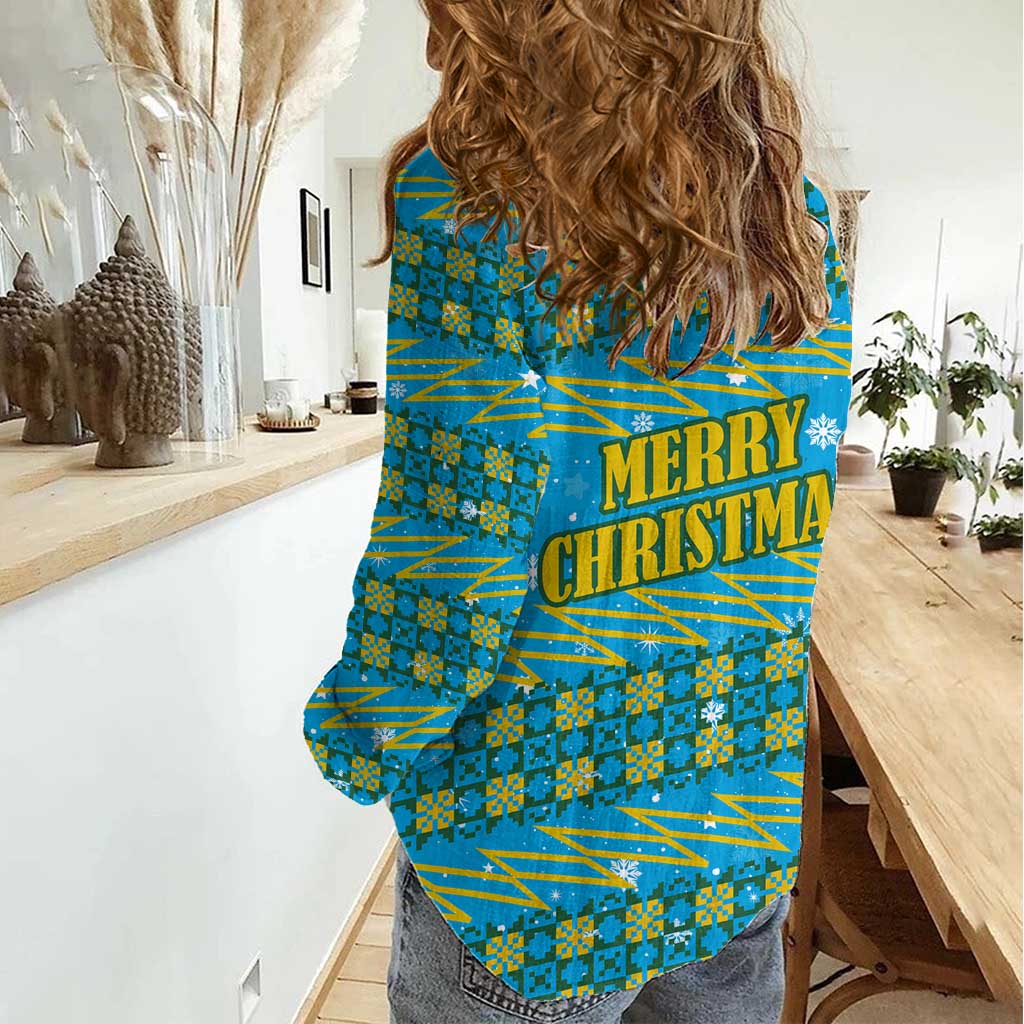 Rwanda Christmas Women Casual Shirt with Blue-Yellow Pattern, Festive Geometric Motifs, and Bold Typography - Wonder Print Shop