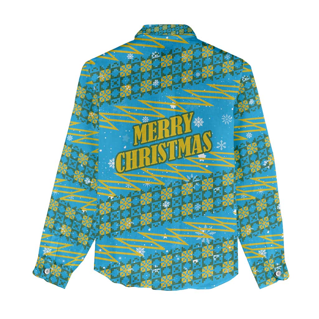 Rwanda Christmas Women Casual Shirt with Blue-Yellow Pattern, Festive Geometric Motifs, and Bold Typography - Wonder Print Shop