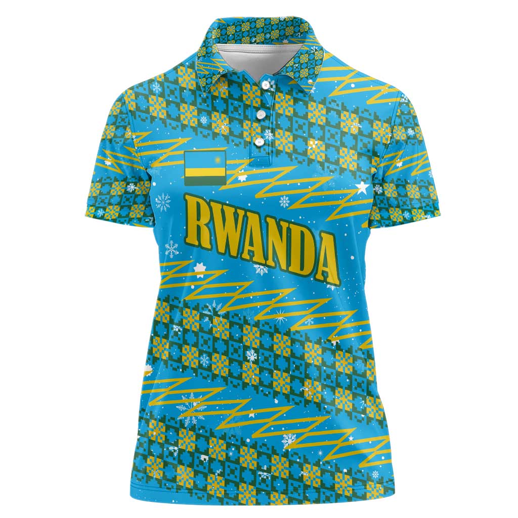 Rwanda Christmas Women Polo Shirt with Blue-Yellow Pattern, Festive Geometric Motifs, and Bold Typography - Wonder Print Shop