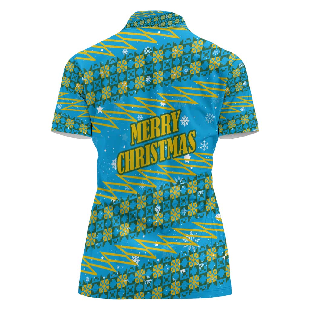 Rwanda Christmas Women Polo Shirt with Blue-Yellow Pattern, Festive Geometric Motifs, and Bold Typography - Wonder Print Shop