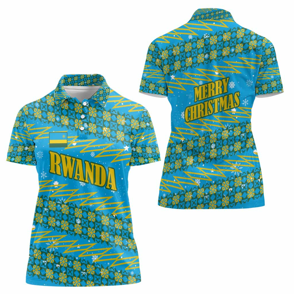 Rwanda Christmas Women Polo Shirt with Blue-Yellow Pattern, Festive Geometric Motifs, and Bold Typography - Wonder Print Shop