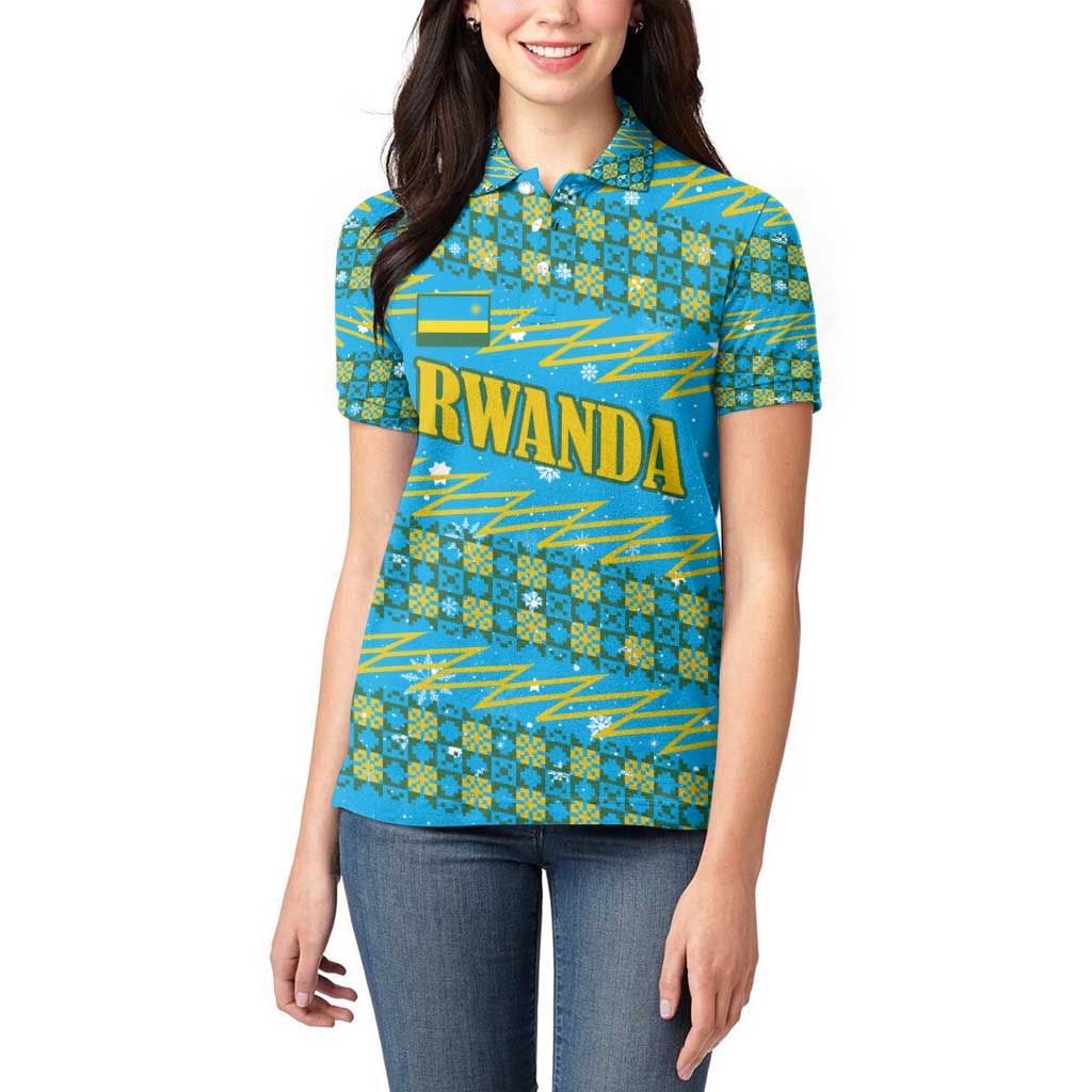 Rwanda Christmas Women Polo Shirt with Blue-Yellow Pattern, Festive Geometric Motifs, and Bold Typography - Wonder Print Shop