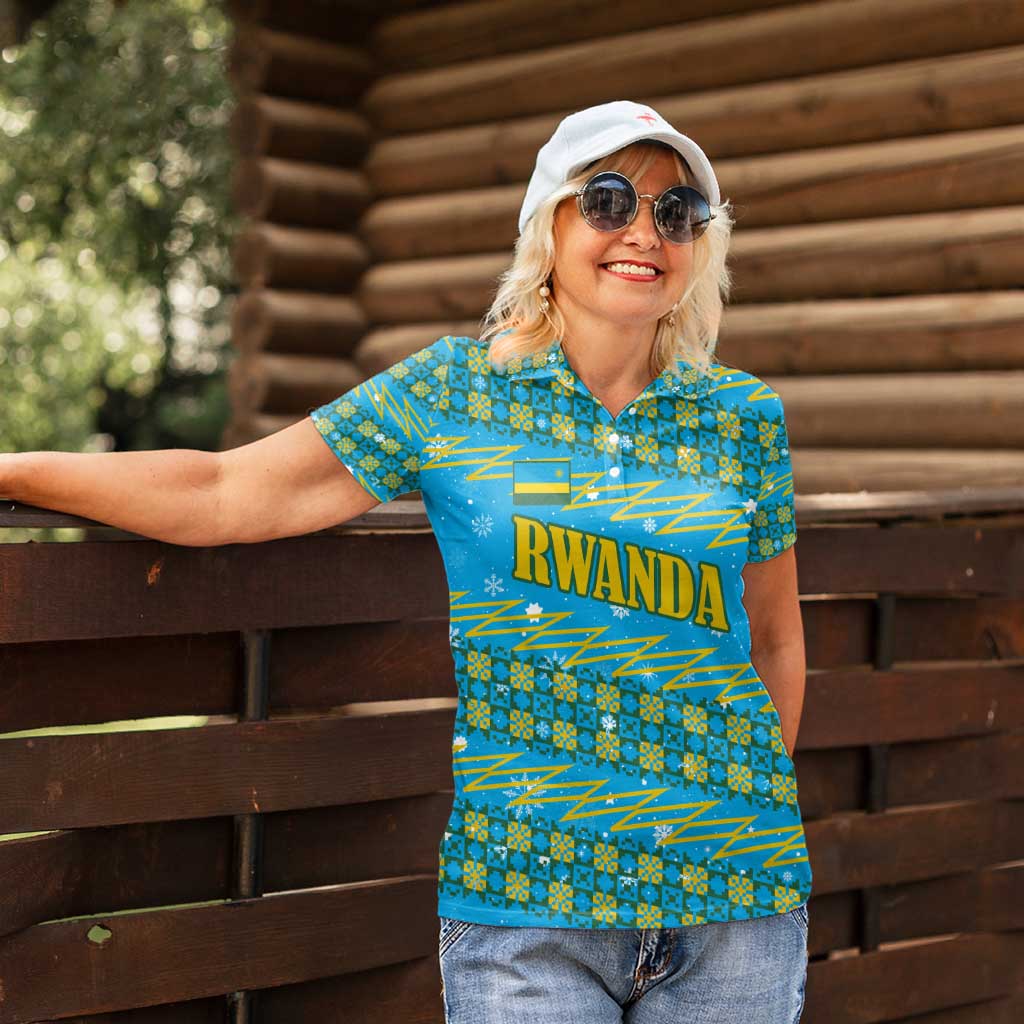 Rwanda Christmas Women Polo Shirt with Blue-Yellow Pattern, Festive Geometric Motifs, and Bold Typography - Wonder Print Shop