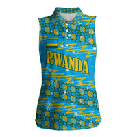 Rwanda Christmas Women Sleeveless Polo Shirt with Blue-Yellow Pattern, Festive Geometric Motifs, and Bold Typography - Wonder Print Shop