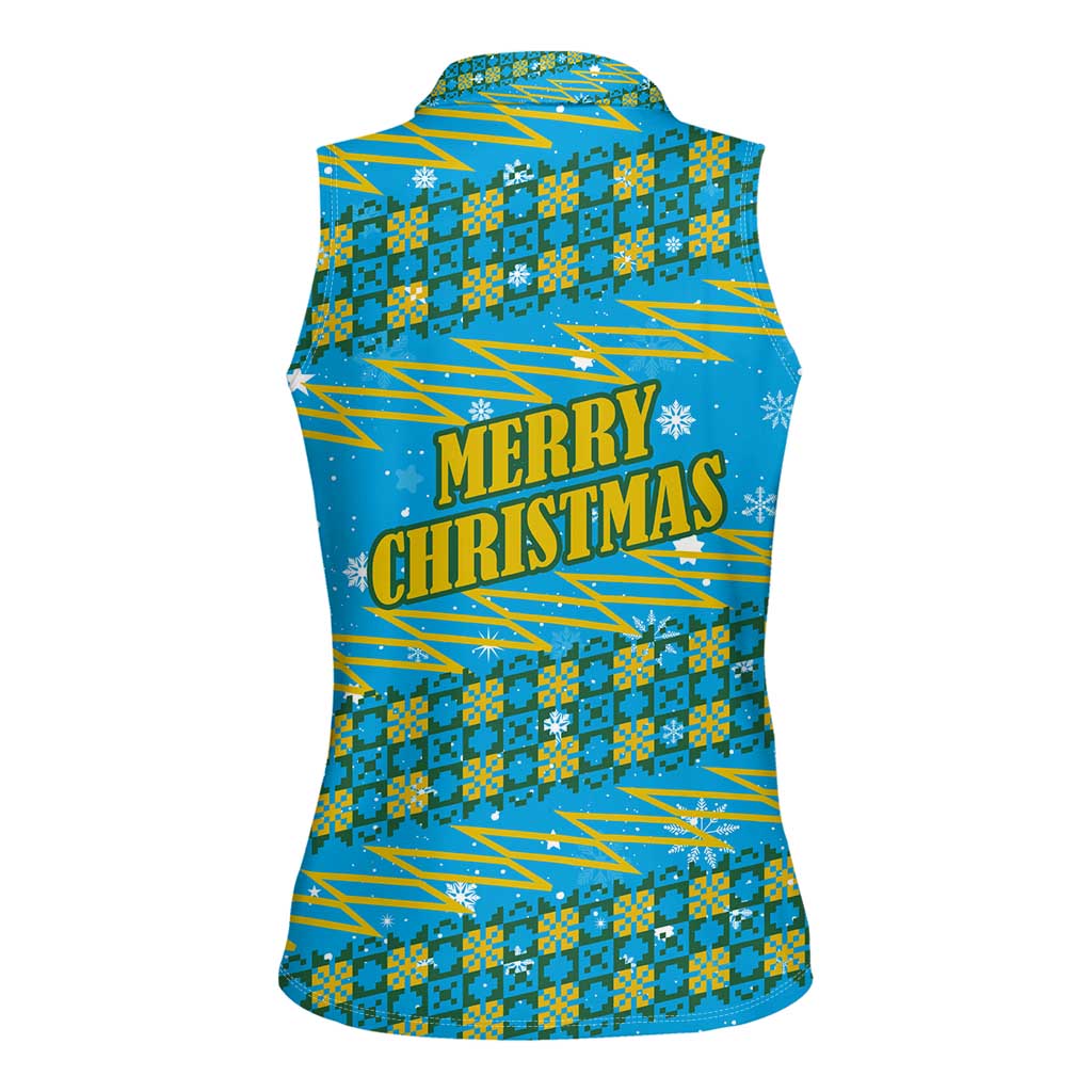 Rwanda Christmas Women Sleeveless Polo Shirt with Blue-Yellow Pattern, Festive Geometric Motifs, and Bold Typography - Wonder Print Shop