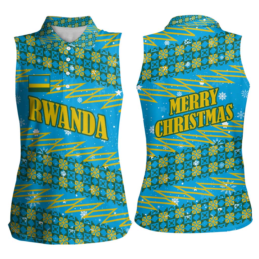 Rwanda Christmas Women Sleeveless Polo Shirt with Blue-Yellow Pattern, Festive Geometric Motifs, and Bold Typography - Wonder Print Shop
