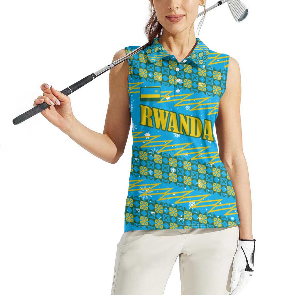 Rwanda Christmas Women Sleeveless Polo Shirt with Blue-Yellow Pattern, Festive Geometric Motifs, and Bold Typography - Wonder Print Shop