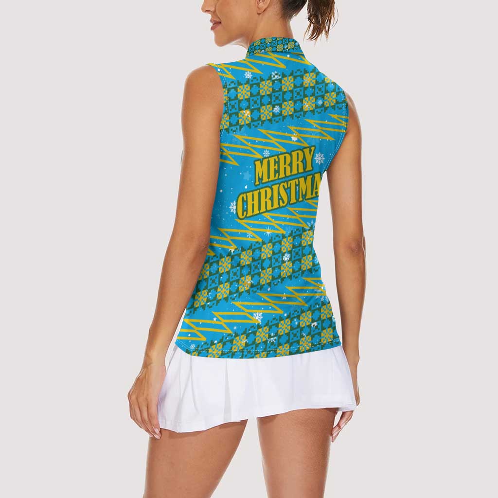 Rwanda Christmas Women Sleeveless Polo Shirt with Blue-Yellow Pattern, Festive Geometric Motifs, and Bold Typography - Wonder Print Shop