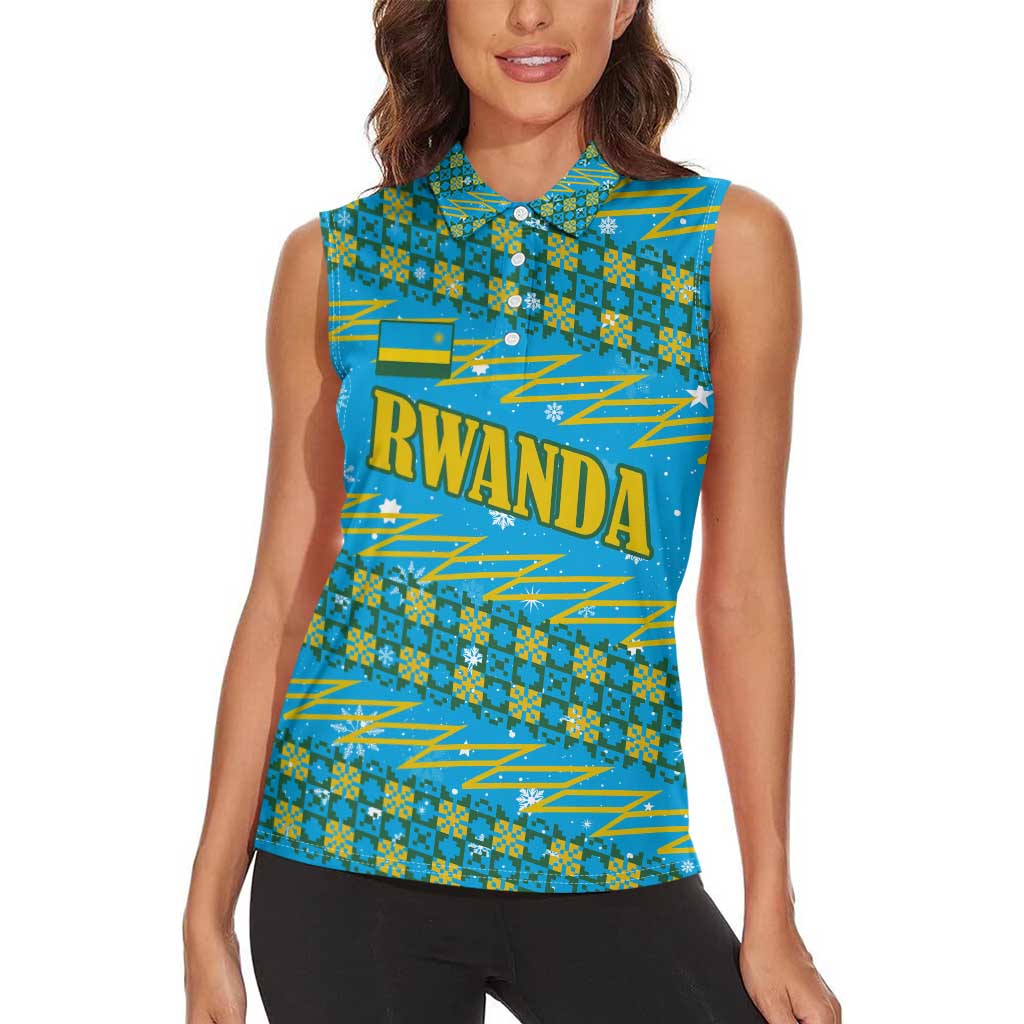 Rwanda Christmas Women Sleeveless Polo Shirt with Blue-Yellow Pattern, Festive Geometric Motifs, and Bold Typography - Wonder Print Shop