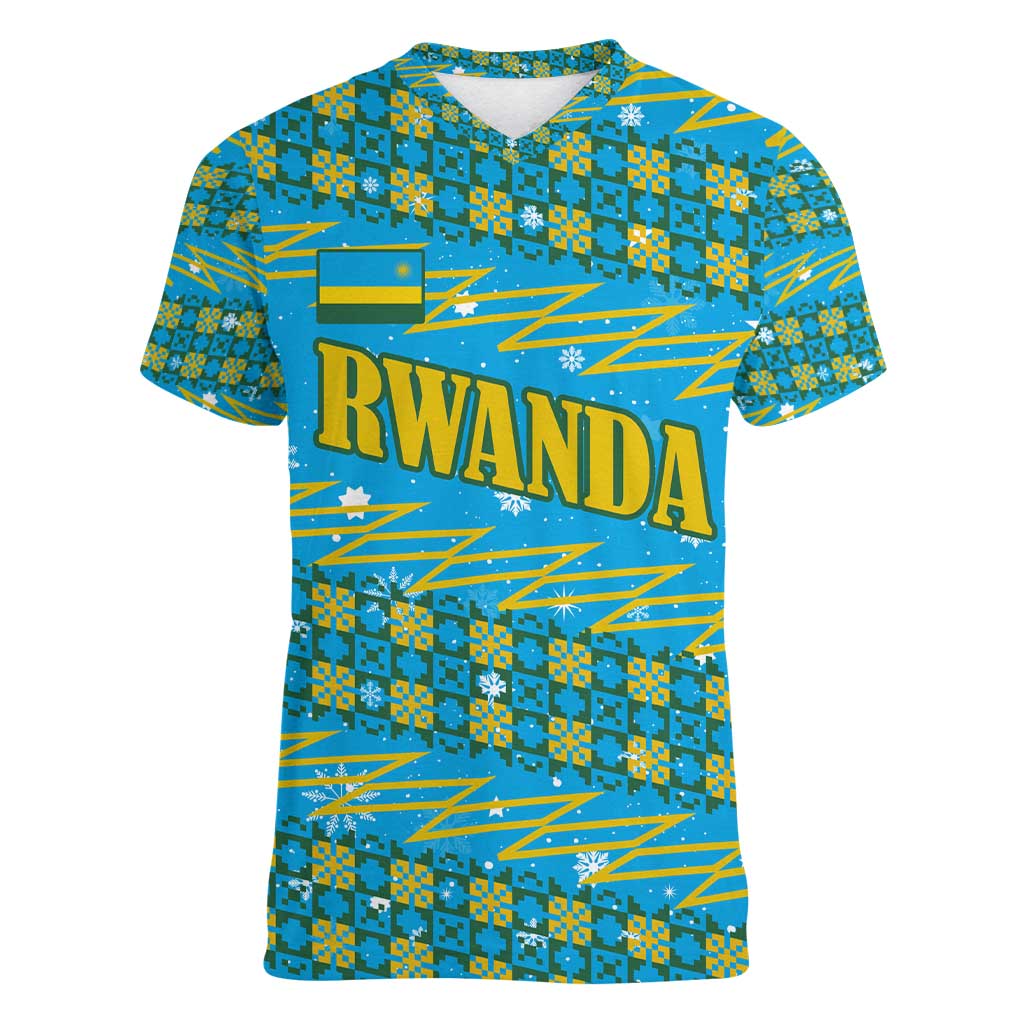 Rwanda Christmas Women V-Neck T-Shirt with Blue-Yellow Pattern, Festive Geometric Motifs, and Bold Typography - Wonder Print Shop