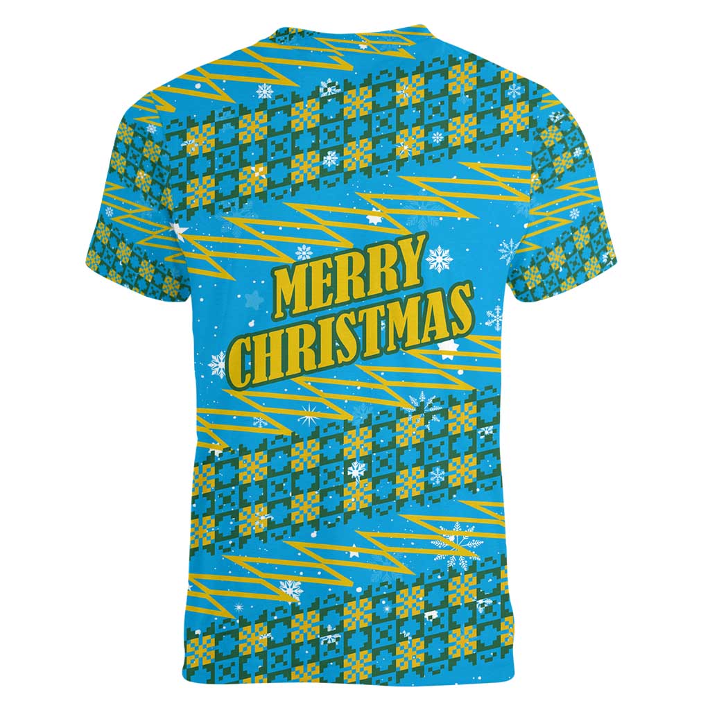 Rwanda Christmas Women V-Neck T-Shirt with Blue-Yellow Pattern, Festive Geometric Motifs, and Bold Typography - Wonder Print Shop