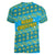 Rwanda Christmas Women V-Neck T-Shirt with Blue-Yellow Pattern, Festive Geometric Motifs, and Bold Typography - Wonder Print Shop