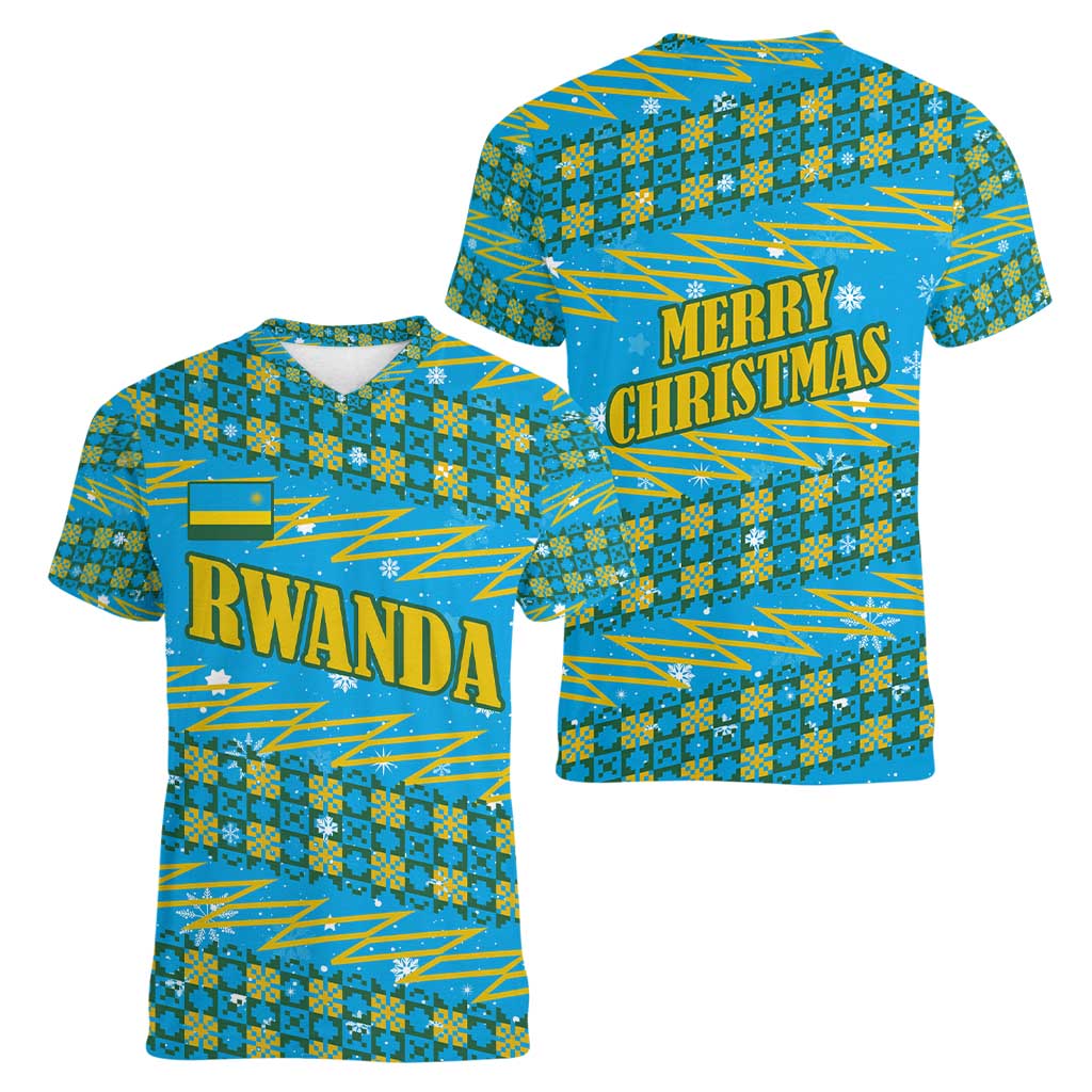 Rwanda Christmas Women V-Neck T-Shirt with Blue-Yellow Pattern, Festive Geometric Motifs, and Bold Typography - Wonder Print Shop