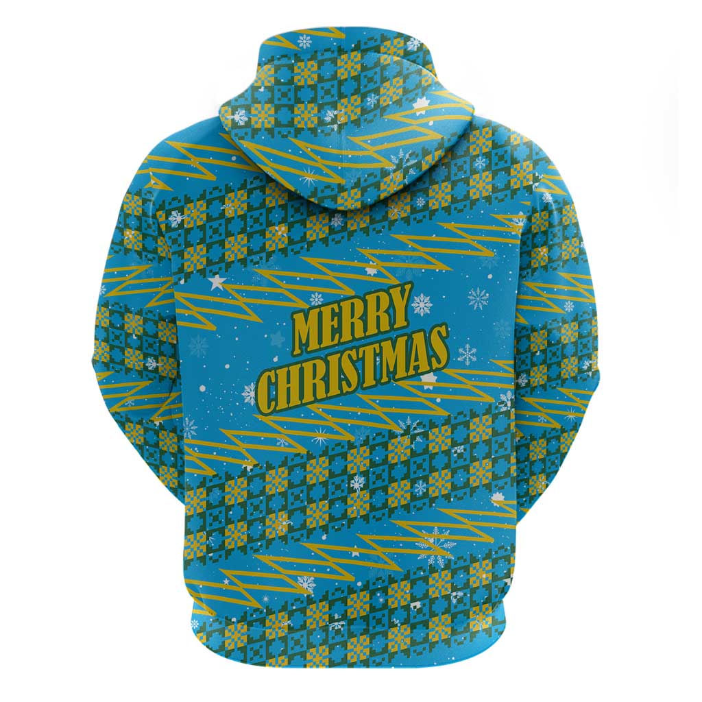 Rwanda Christmas Zip Hoodie with Blue-Yellow Pattern, Festive Geometric Motifs, and Bold Typography - Wonder Print Shop