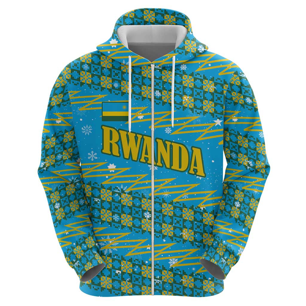 Rwanda Christmas Zip Hoodie with Blue-Yellow Pattern, Festive Geometric Motifs, and Bold Typography - Wonder Print Shop