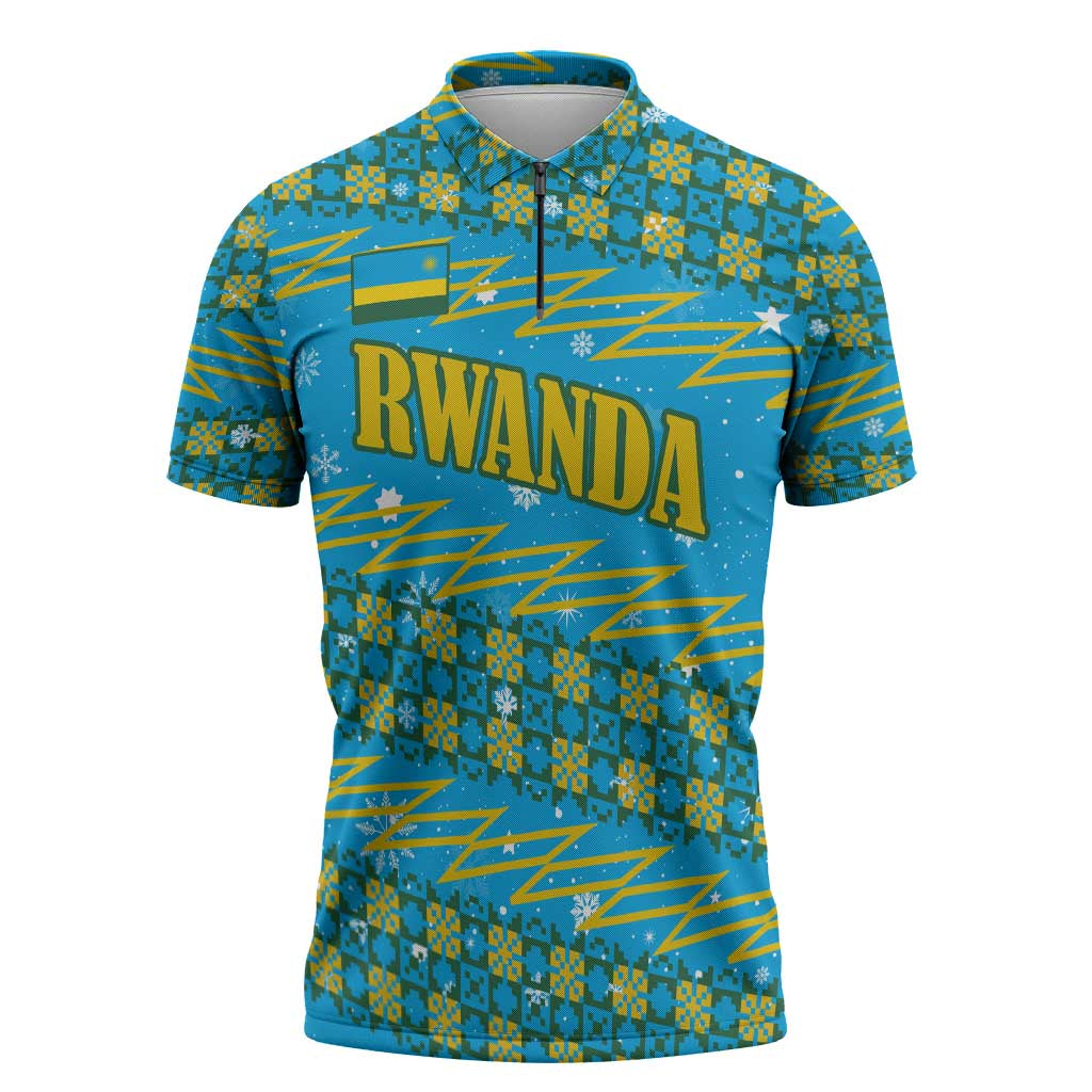 Rwanda Christmas Zipper Polo Shirt with Blue-Yellow Pattern, Festive Geometric Motifs, and Bold Typography - Wonder Print Shop