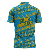 Rwanda Christmas Zipper Polo Shirt with Blue-Yellow Pattern, Festive Geometric Motifs, and Bold Typography - Wonder Print Shop