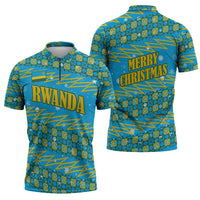 Rwanda Christmas Zipper Polo Shirt with Blue-Yellow Pattern, Festive Geometric Motifs, and Bold Typography - Wonder Print Shop