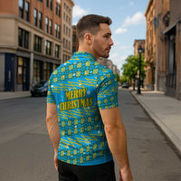 Rwanda Christmas Zipper Polo Shirt with Blue-Yellow Pattern, Festive Geometric Motifs, and Bold Typography - Wonder Print Shop